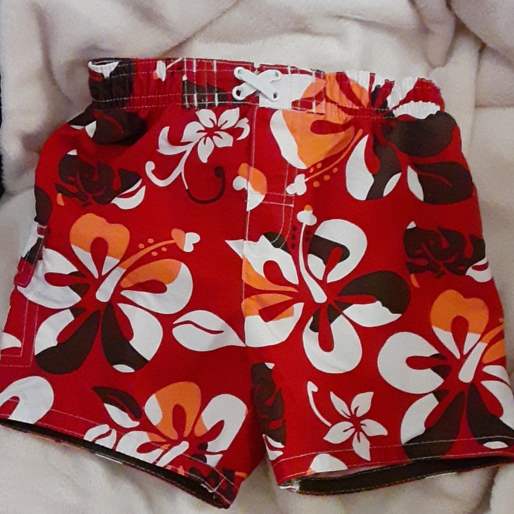 OP red black orange white tropical floral swim trunks mesh liner size 18M EUC…